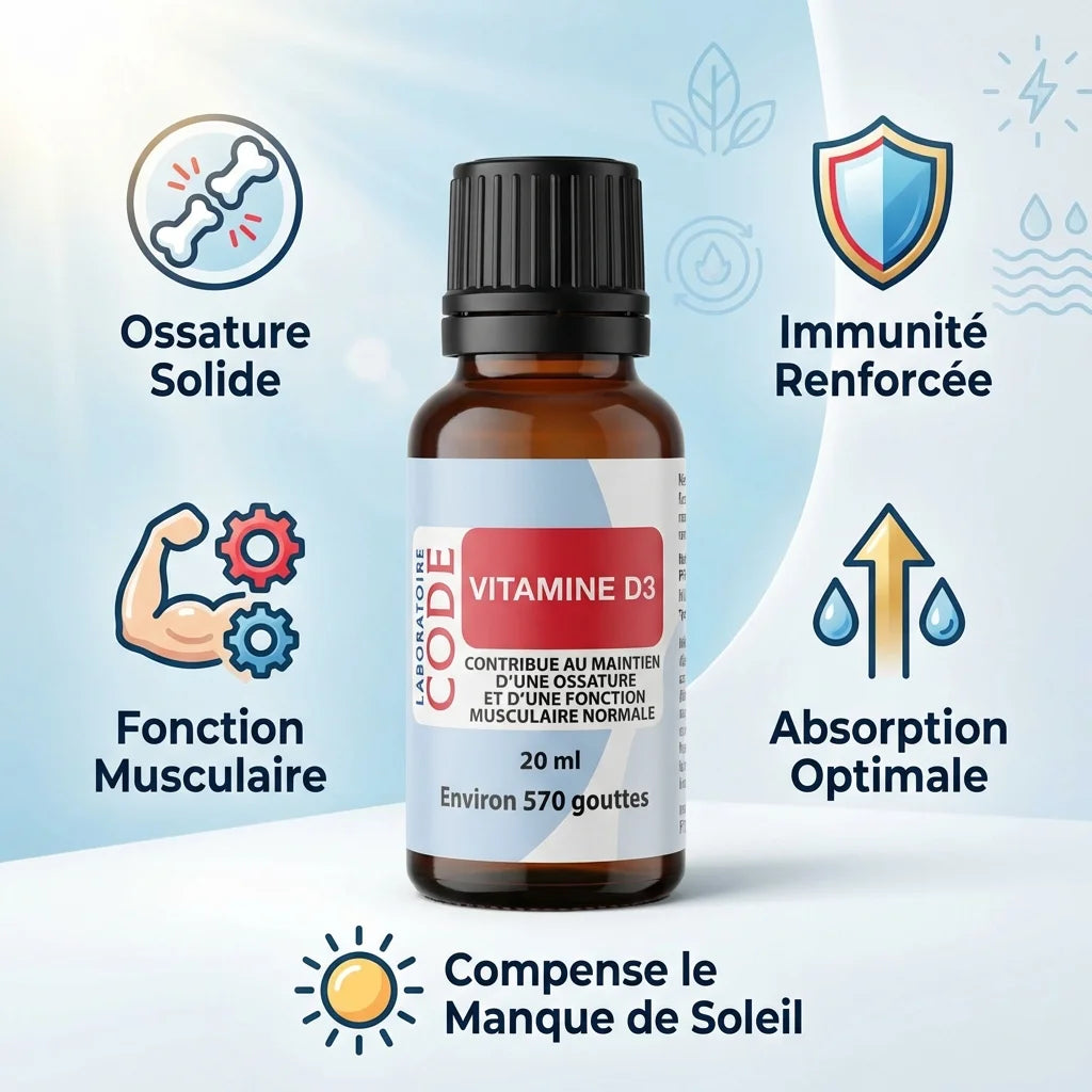 Vitamine D3 20ml Laboratoire Code avec infographies bénéfices santé ossature immunité