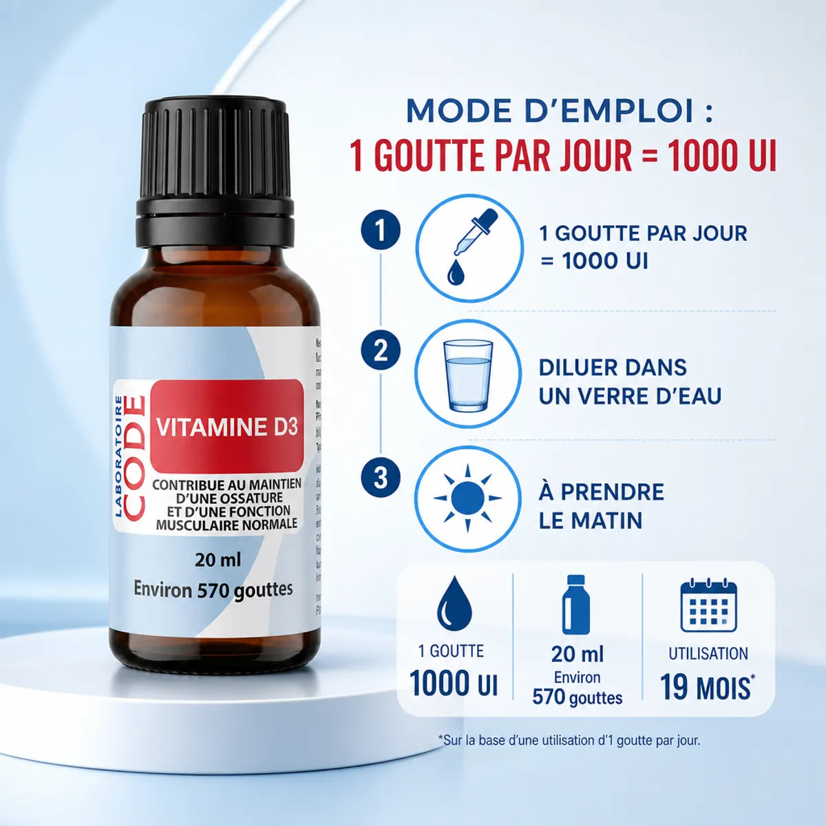 Vitamine D3 20ml Laboratoire Code avec infographie posologie 1 goutte par jour
