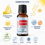Bouteille Vitamine D3 20ml Laboratoire Code avec composition, huile colza, bénéfices ossature et immunité
