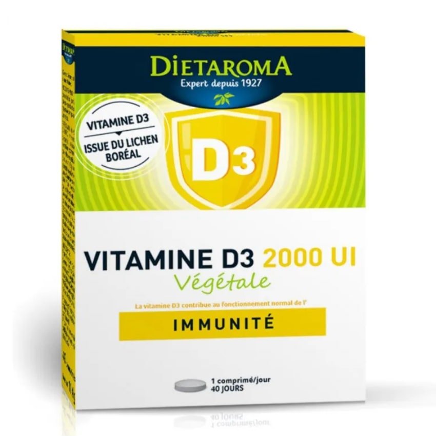 Une boite de Vitamine D3 Végétale de 2000 UI et 40 comprimés de la marque Dietaroma