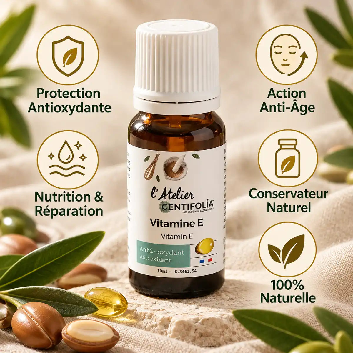 Vitamine E 10ml Centifolia - Bouteille verre avec bénéfices antioxydants et anti-âge