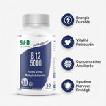 Complément B12 5000 µg SFB avec icônes bénéfices énergie, vitalité, concentration et système nerveux