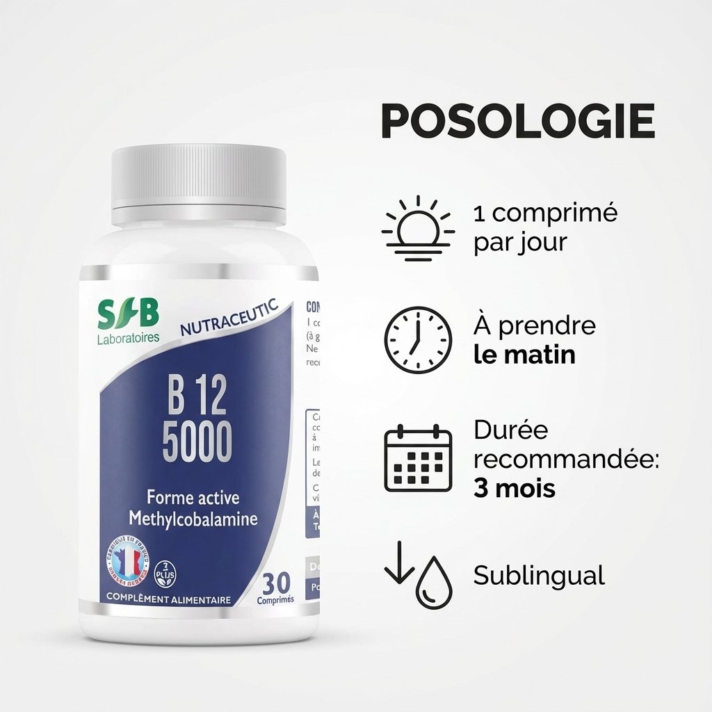 Vitamine B12 5000 µg SFB Laboratoires - Flacon avec posologie: 1 comprimé par jour, sublingual