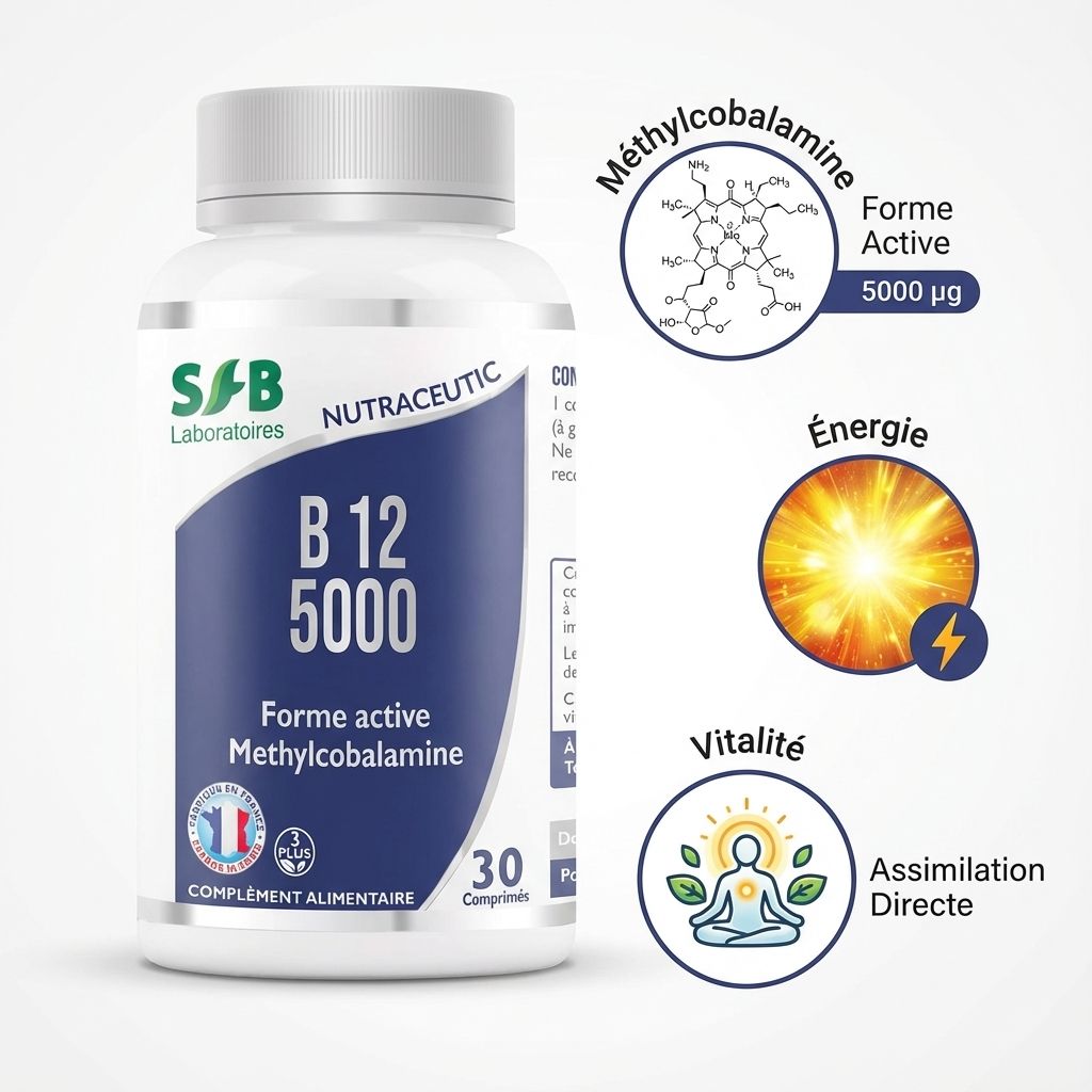 Vitamines B12 5000 µg SFB Laboratoires - Méthylcobalamine forme active, 30 comprimés pour énergie et vitalité