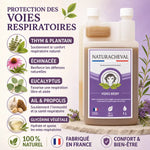 Voies Respi' Cheval - Flacon 1L avec ingrédients naturels : Thym, Plantain, Échinacée, Eucalyptus, Ail, Propolis