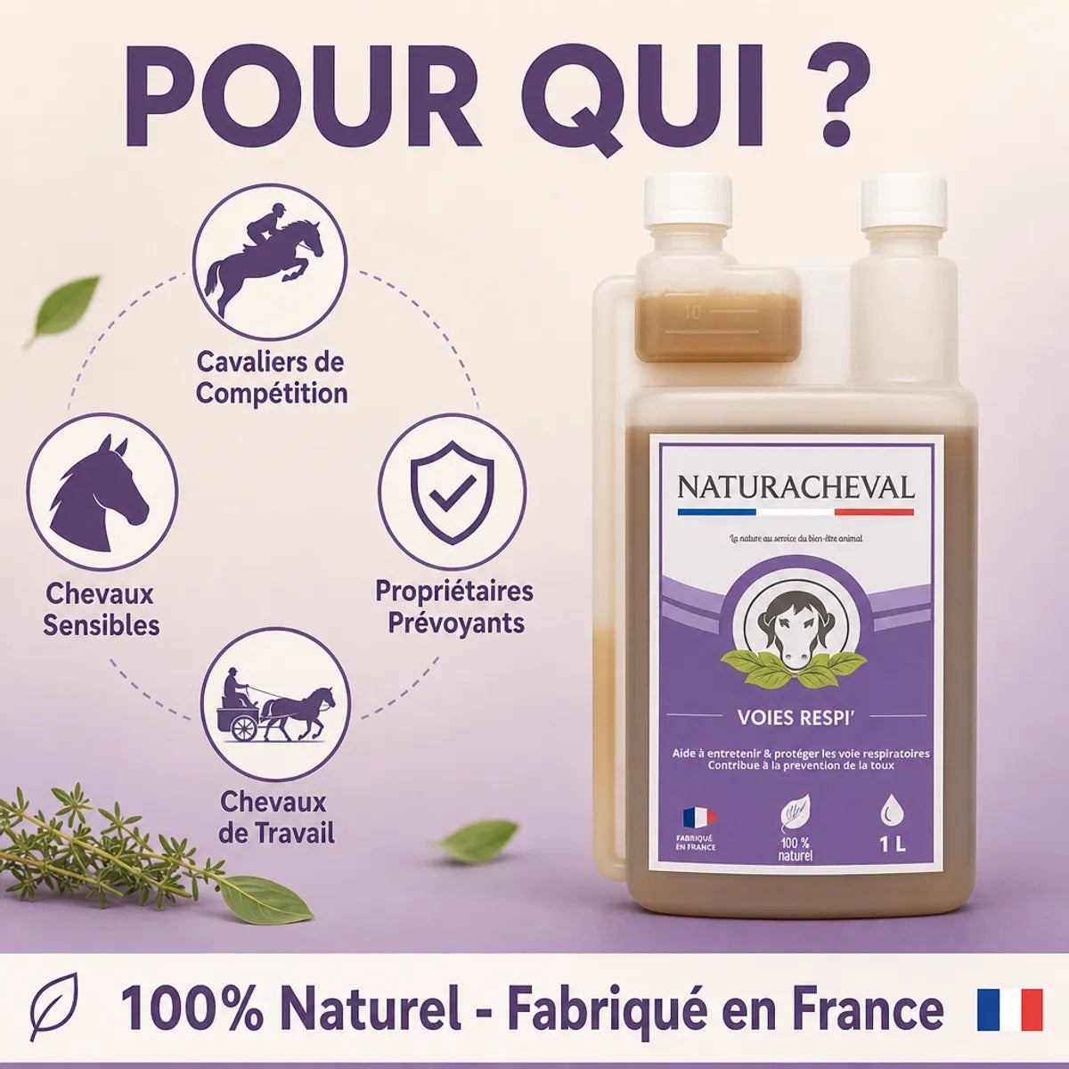 Bouteille Voies Respi' Naturacheval 1L pour prévention toux chevaux, infographie public cible