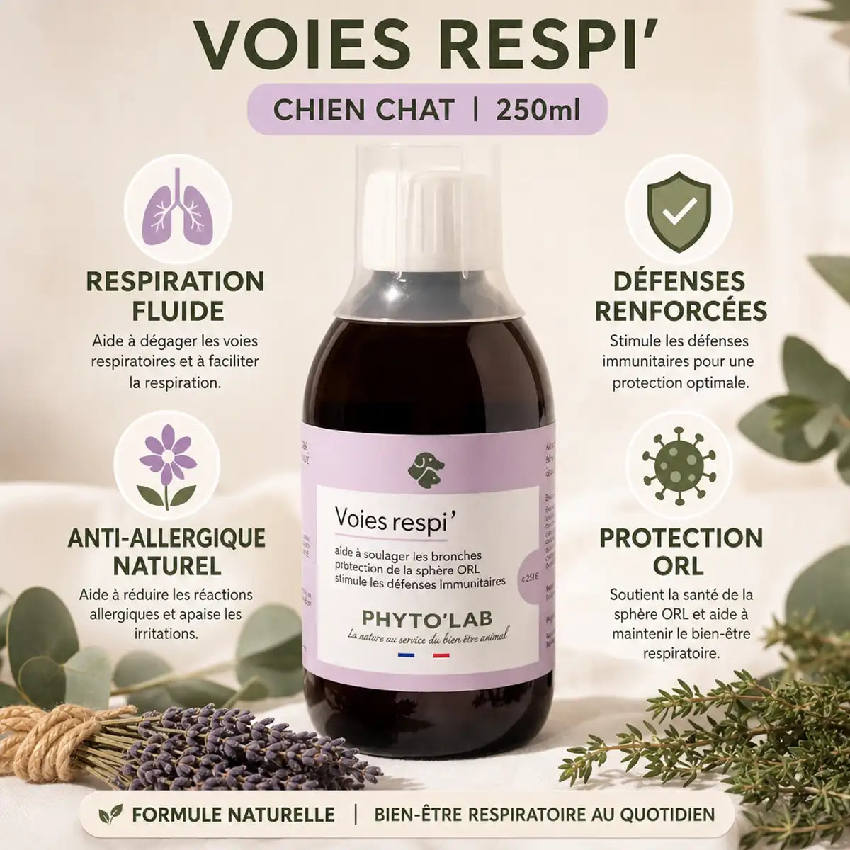 Voies Respi' Chien Chat 250ml avec bénéfices respiration fluide, défenses renforcées et protection ORL naturelle