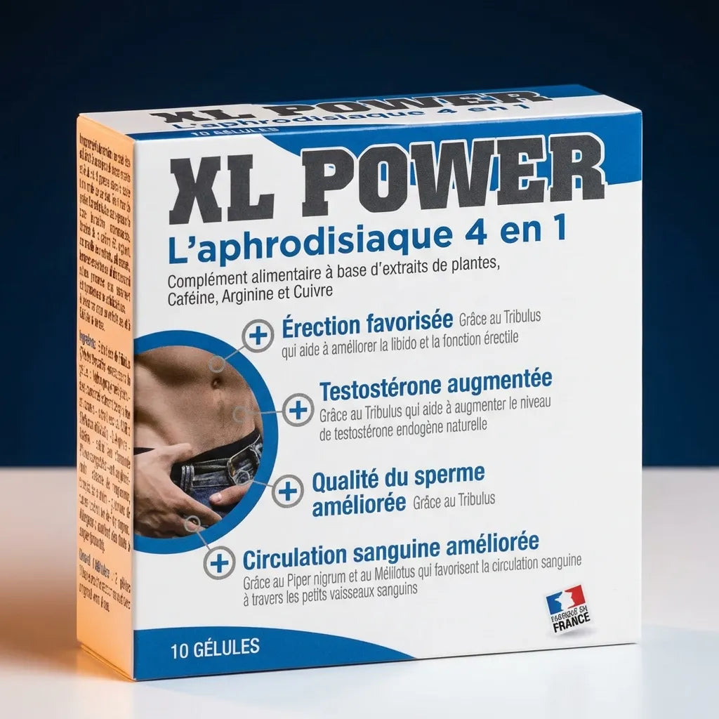 XL Power aphrodisiaque 4 en 1 - boîte de 10 gélules Labophyto sur fond bleu