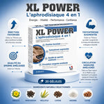 XL Power Aphrodisiaque 4 en 1 boîte de 20 gélules avec ses 4 bénéfices : érection, testostérone, sperme et circulation