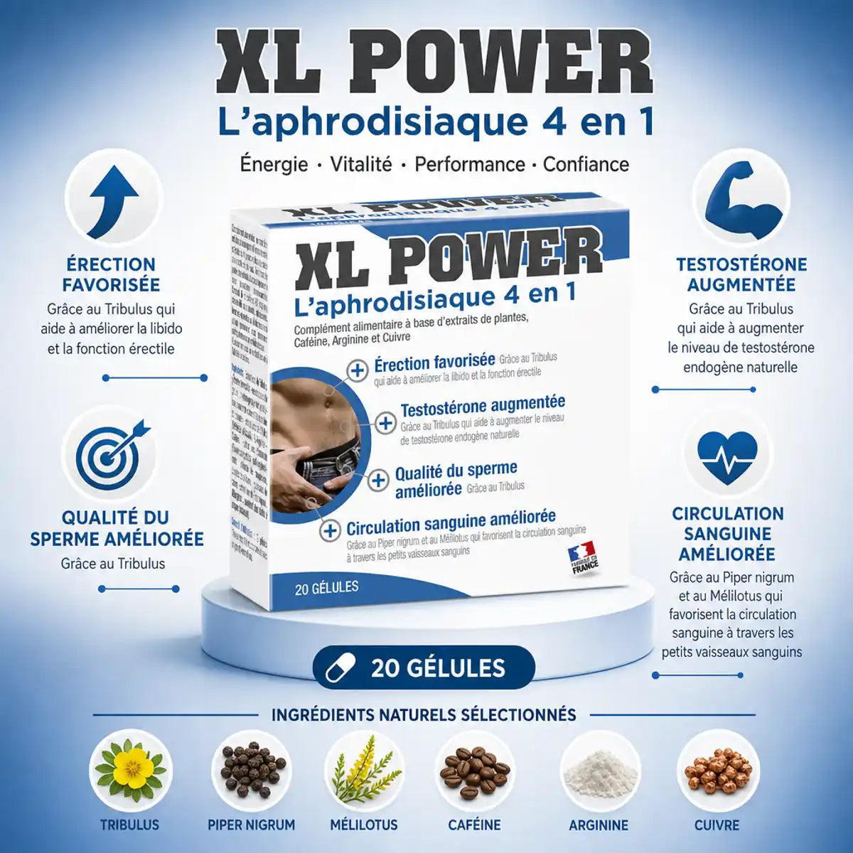 XL Power Aphrodisiaque 4 en 1 boîte de 20 gélules avec ses 4 bénéfices : érection, testostérone, sperme et circulation