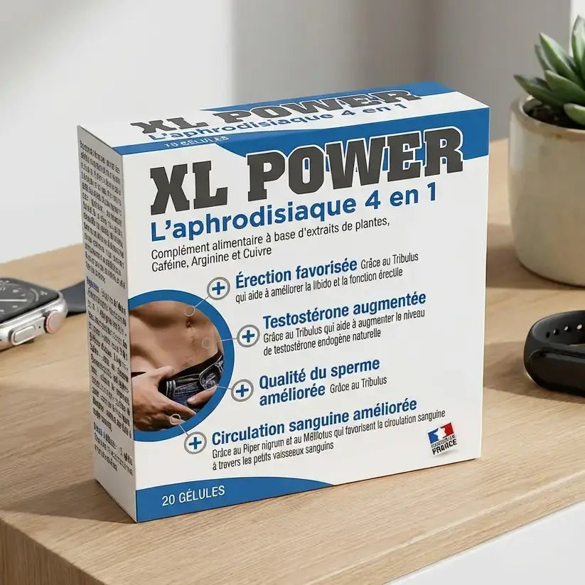 XL Power Aphrodisiaque 4 en 1 boîte de 20 gélules Labophyto sur surface minimaliste