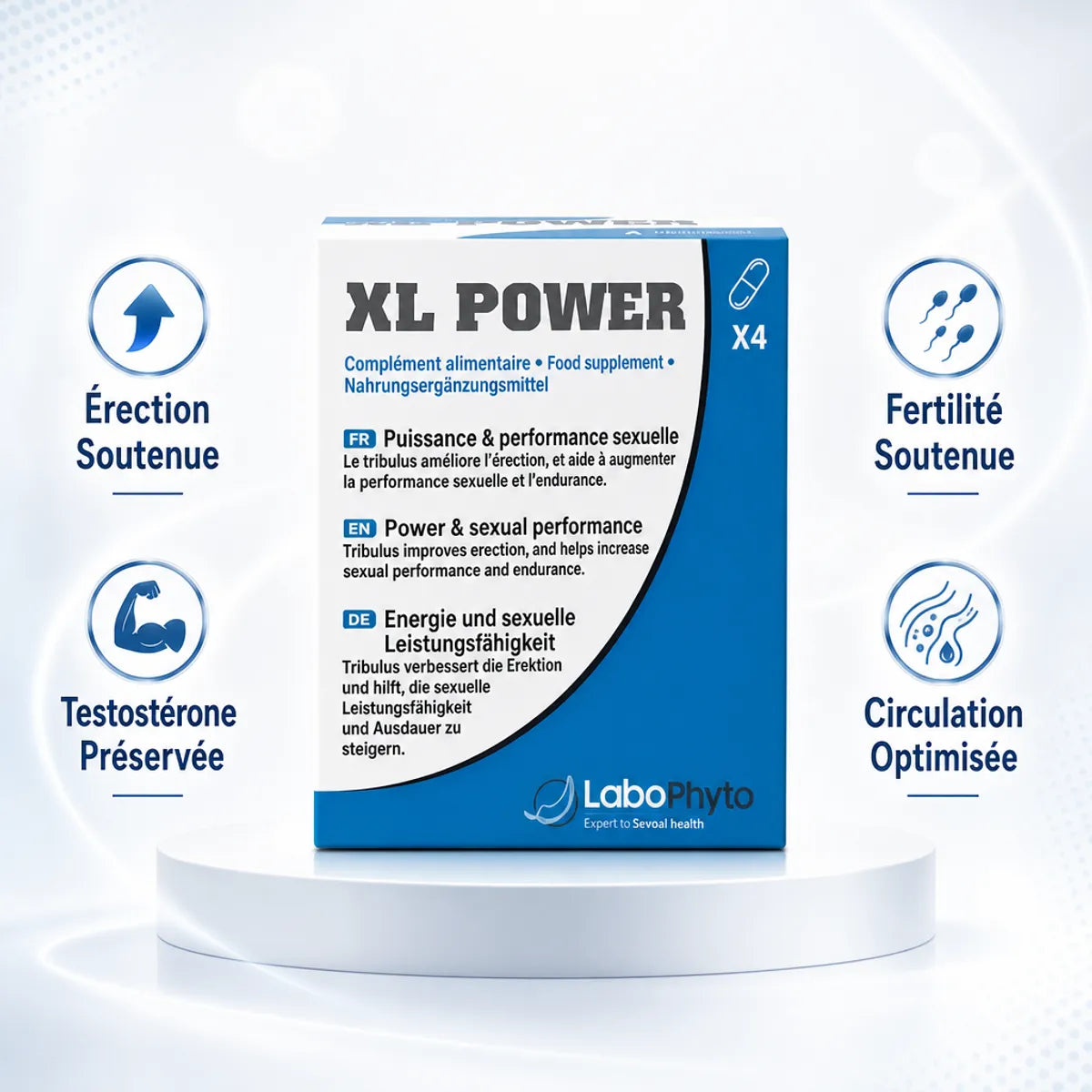 XL Power Aphrodisiaque Labophyto 4 en 1 avec icônes érection, testostérone, fertilité et circulation