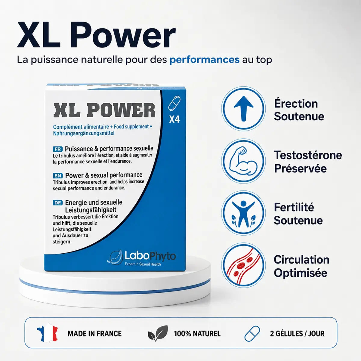 XL Power Aphrodisiaque 4 en 1 Labophyto avec icônes bénéfices érection, testostérone, fertilité, circulation