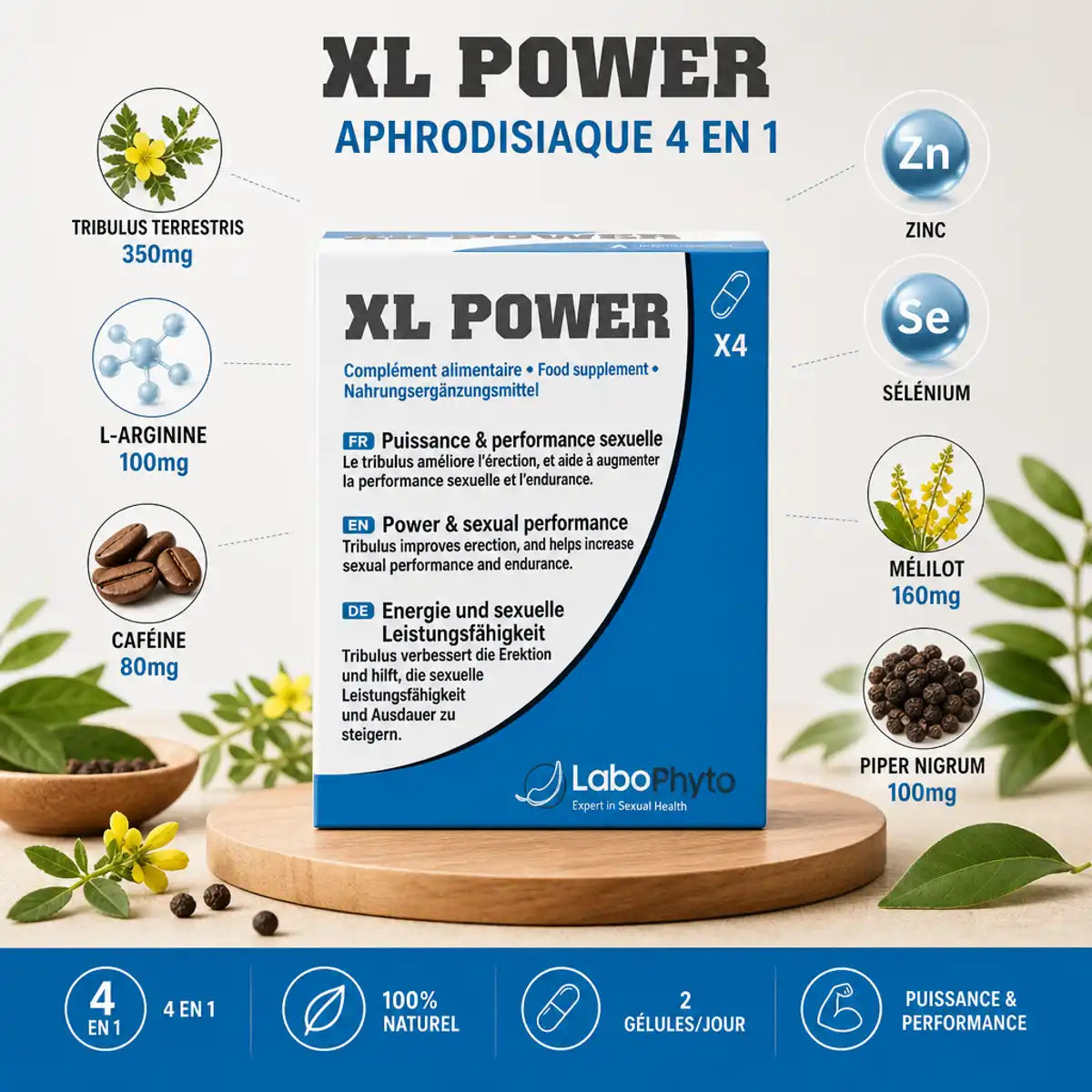 Boîte XL Power Aphrodisiaque 4 en 1 Labophyto avec ingrédients naturels - Tribulus, L-Arginine, Zinc