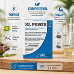 XL Power Aphrodisiaque 4 en 1 packaging avec composition Tribulus, L-Arginine, Caféine et minéraux