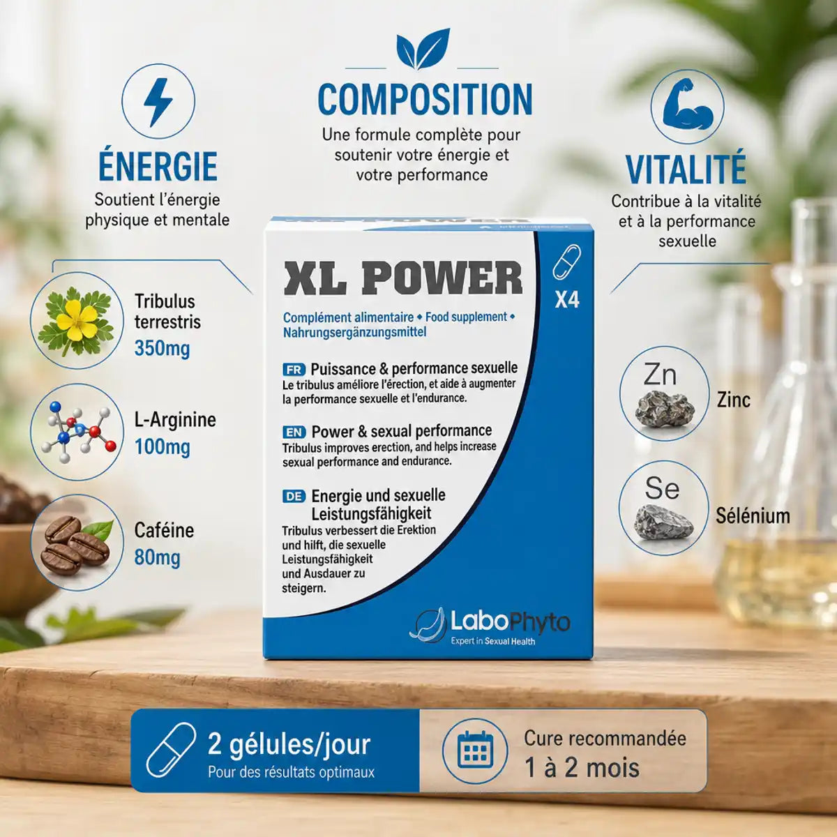 XL Power Aphrodisiaque 4 en 1 packaging avec composition Tribulus, L-Arginine, Caféine et minéraux