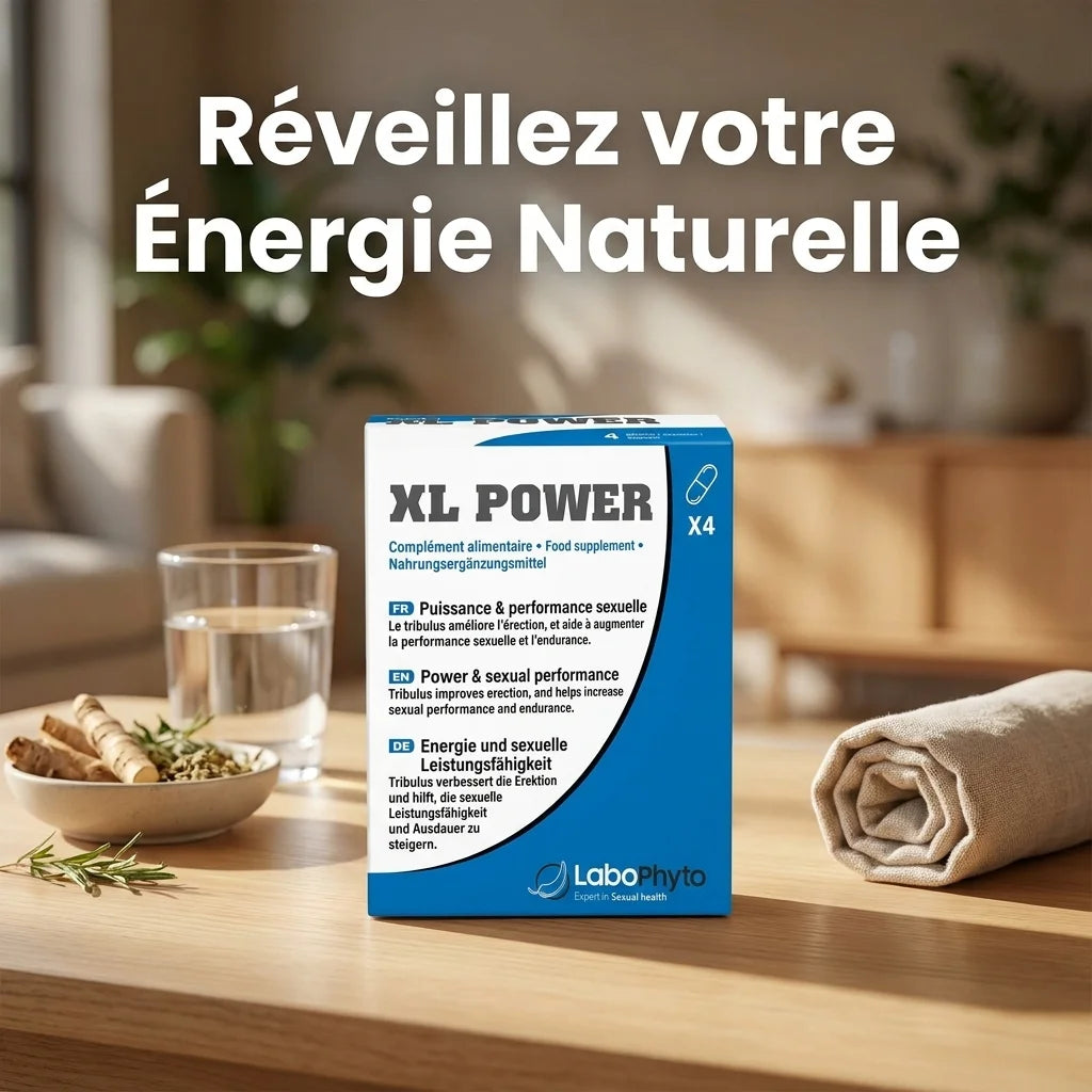 XL Power Aphrodisiaque Labophyto 4 gélules boîte bleue et blanche sur fond minimaliste