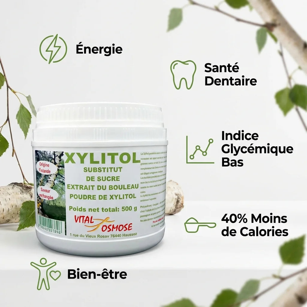 Xylitol Bio VitalOsmose 500g avec infographie des 5 bénéfices santé dentaire et bien-être