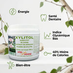 Xylitol Bio VitalOsmose 500g avec infographie des 5 bénéfices santé dentaire et bien-être