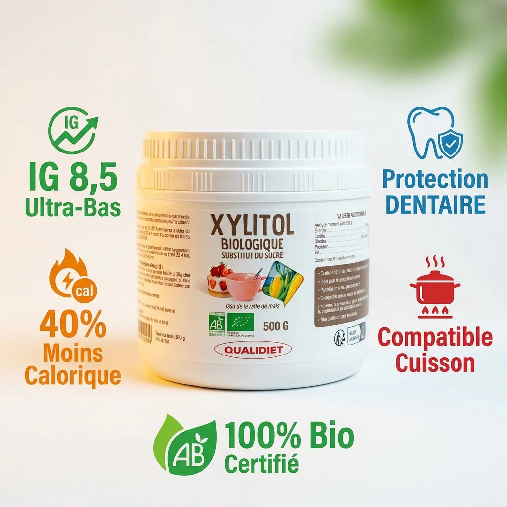 Xylitol Bio Qualidiet 500g avec infographie bénéfices : IG bas, moins calorique, protection dentaire