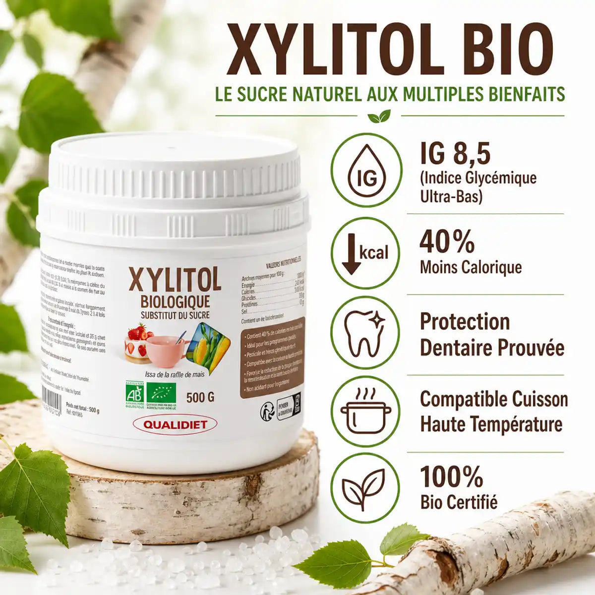 Xylitol Bio Qualidiet 500g - Sucre de bouleau IG 8,5 avec bénéfices nutritionnels et certification biologique