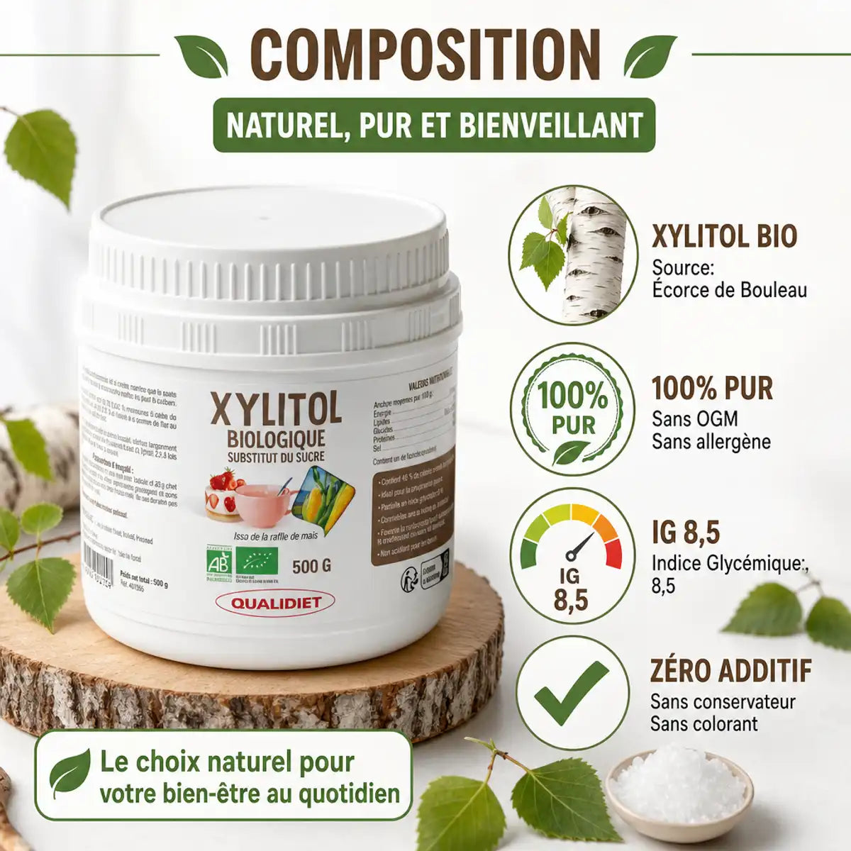 Xylitol Bio 500g Qualidiet - Sucre de bouleau pur, indice glycémique 8,5