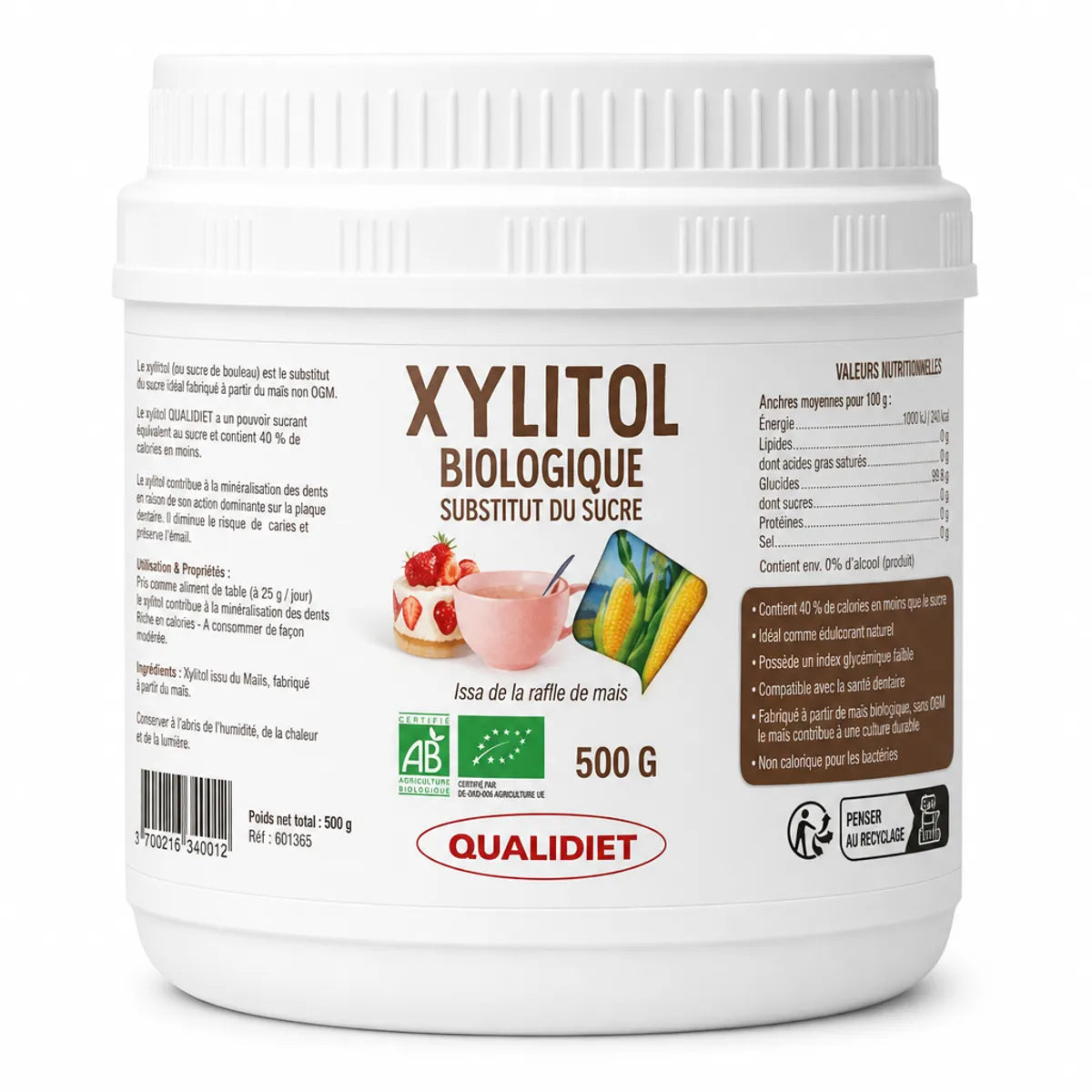 Xylitol Bio Qualidiet 500g - Sucre de bouleau en pot avec label certifié bio