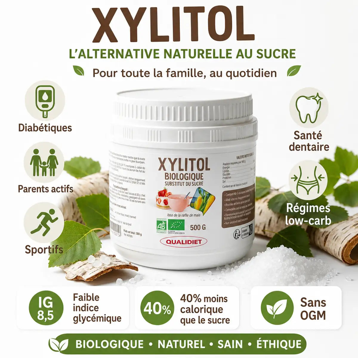 Xylitol Bio 500g Qualidiet - Sucre bouleau IG bas pour diabétiques et sportifs
