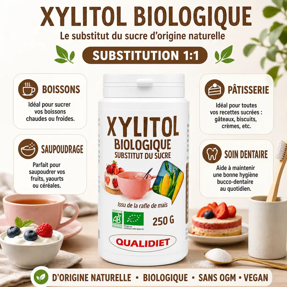 Xylitol Bio Qualidiet 250g - Sucre de bouleau avec guide d'utilisation : boissons, pâtisserie, saupoudrage, soin dentaire