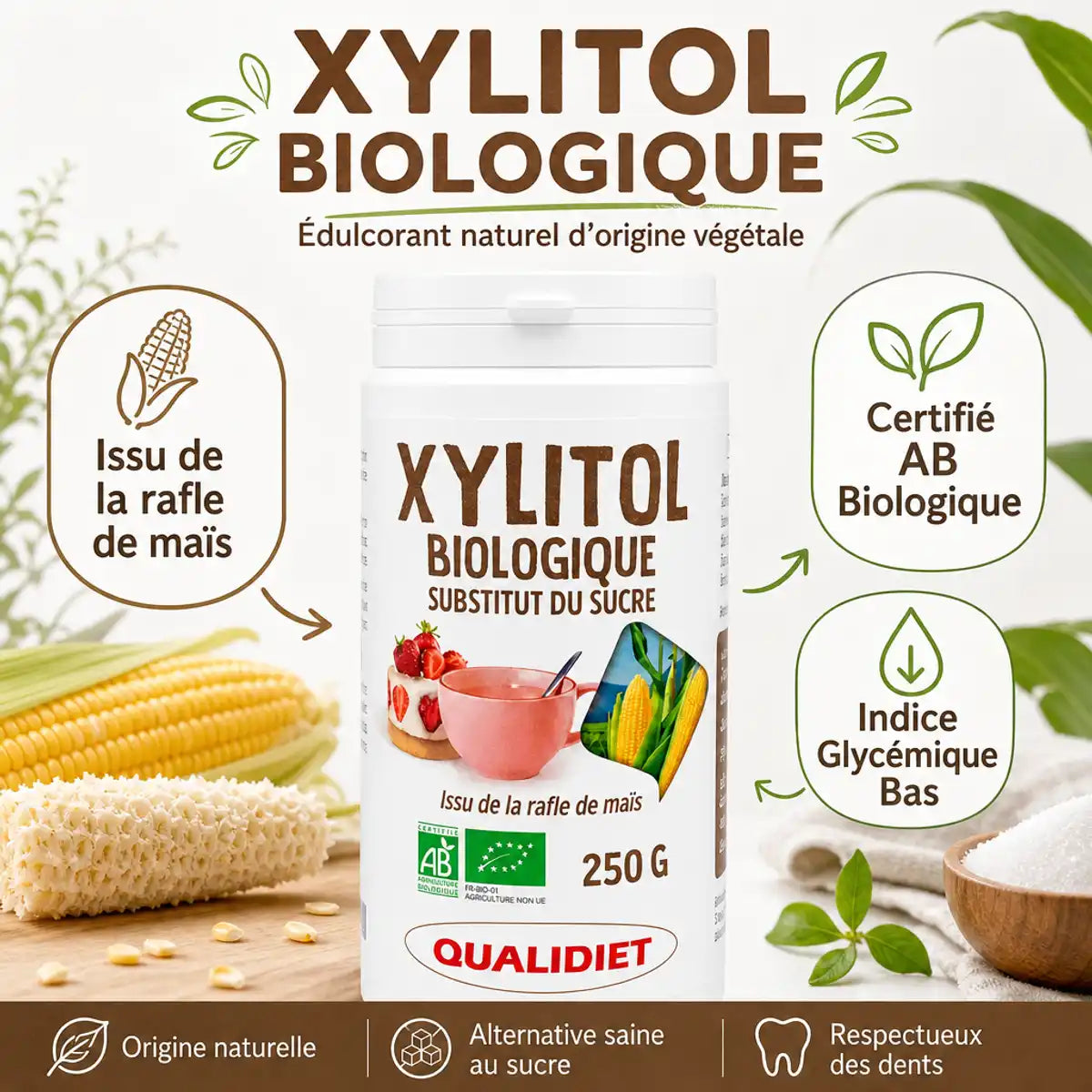 Xylitol Bio Qualidiet 250g sucre de bouleau certifié AB avec infographie ingrédients