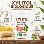 Xylitol Bio Qualidiet 250g sucre de bouleau certifié AB avec infographie ingrédients