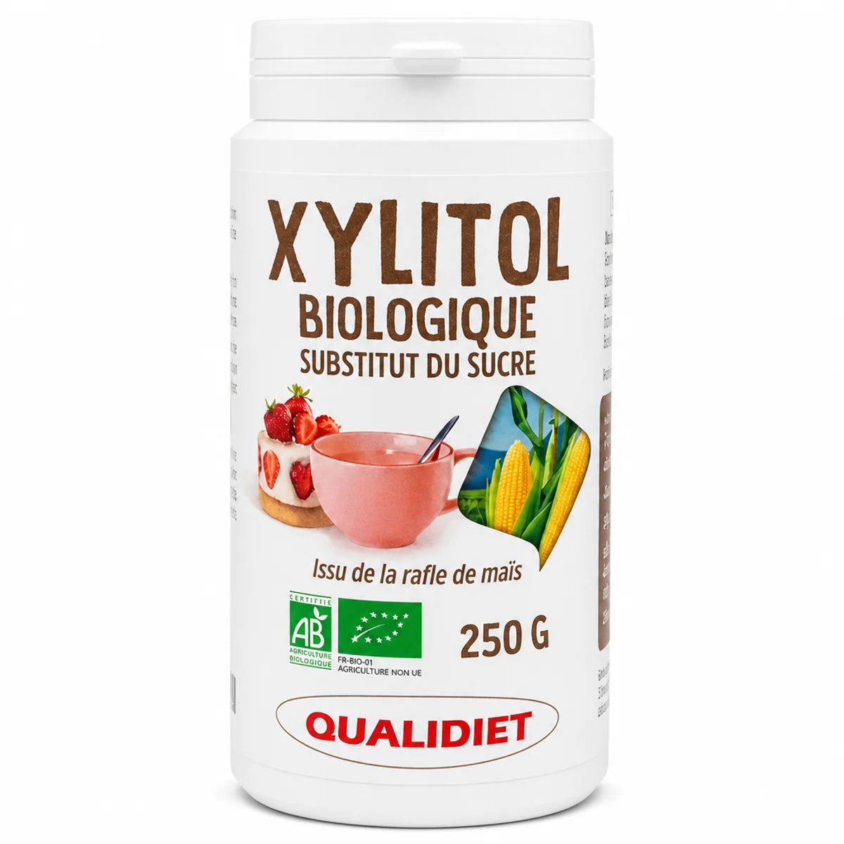 Xylitol Bio sucre de bouleau 250g Qualidiet pot blanc fond blanc