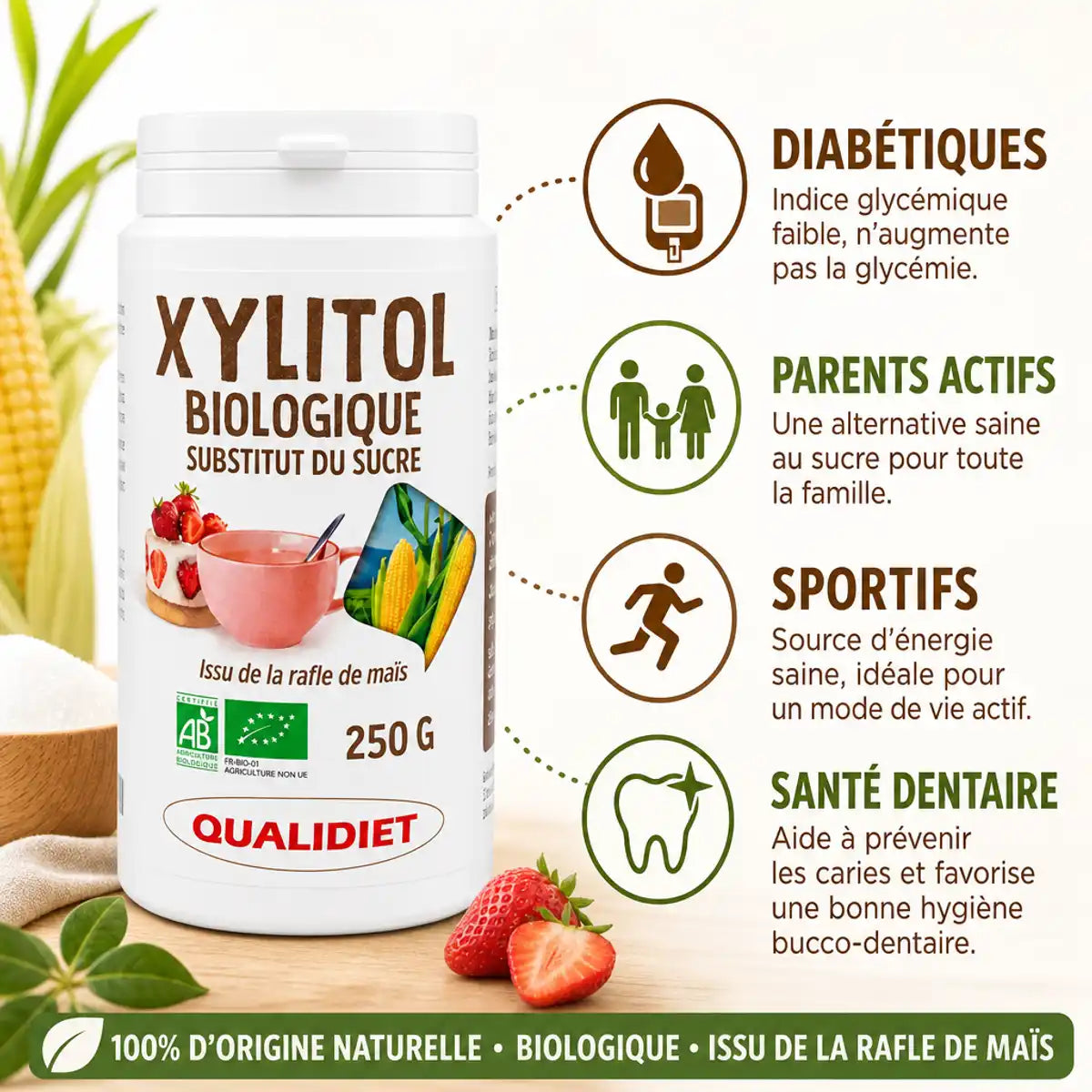 Xylitol Bio Qualidiet 250g avec icônes cibles : diabétiques, parents, sportifs, santé dentaire