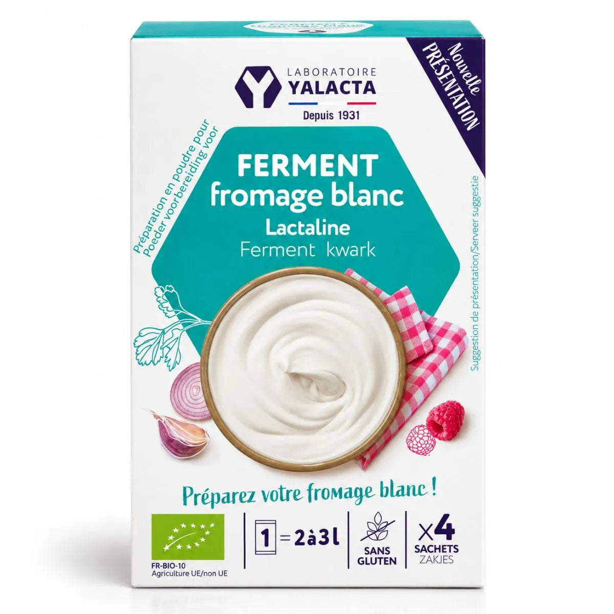 une boîte de Lactaline ferment pour fromage blanc de la marque Yalacta