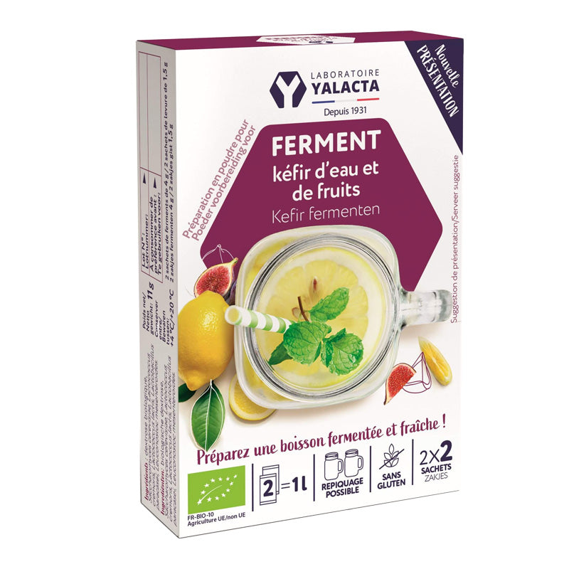 Ferment kéfir d'eau fruits bio Yalacta sachets boîte packaging blanc