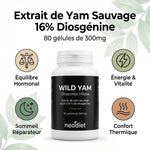 Bouteille Neodiet Yam Sauvage 80 gélules avec icônes équilibre hormonal, énergie et sommeil
