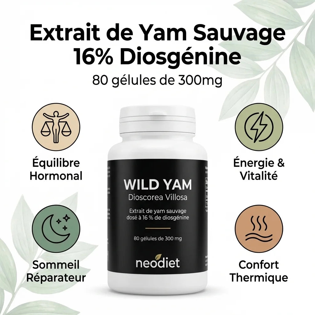 Bouteille Neodiet Yam Sauvage 80 gélules avec icônes équilibre hormonal, énergie et sommeil