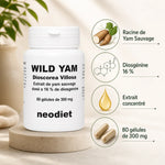 Yam Sauvage Neodiet 80 gélules avec infographie des ingrédients actifs et diosgénine