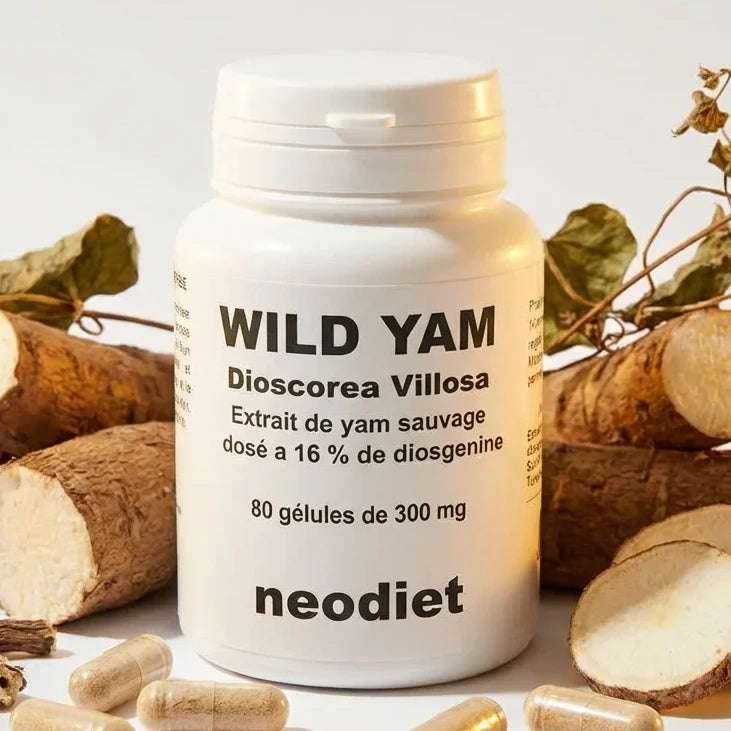 Neodiet Wild Yam 80 gélules 300mg avec racines et capsules sur fond blanc