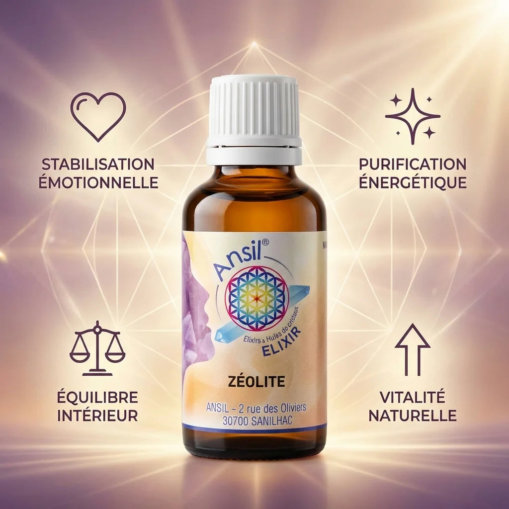 Zéolite élixir de cristal 30ml Ansil avec icônes bénéfices purification énergétique équilibre