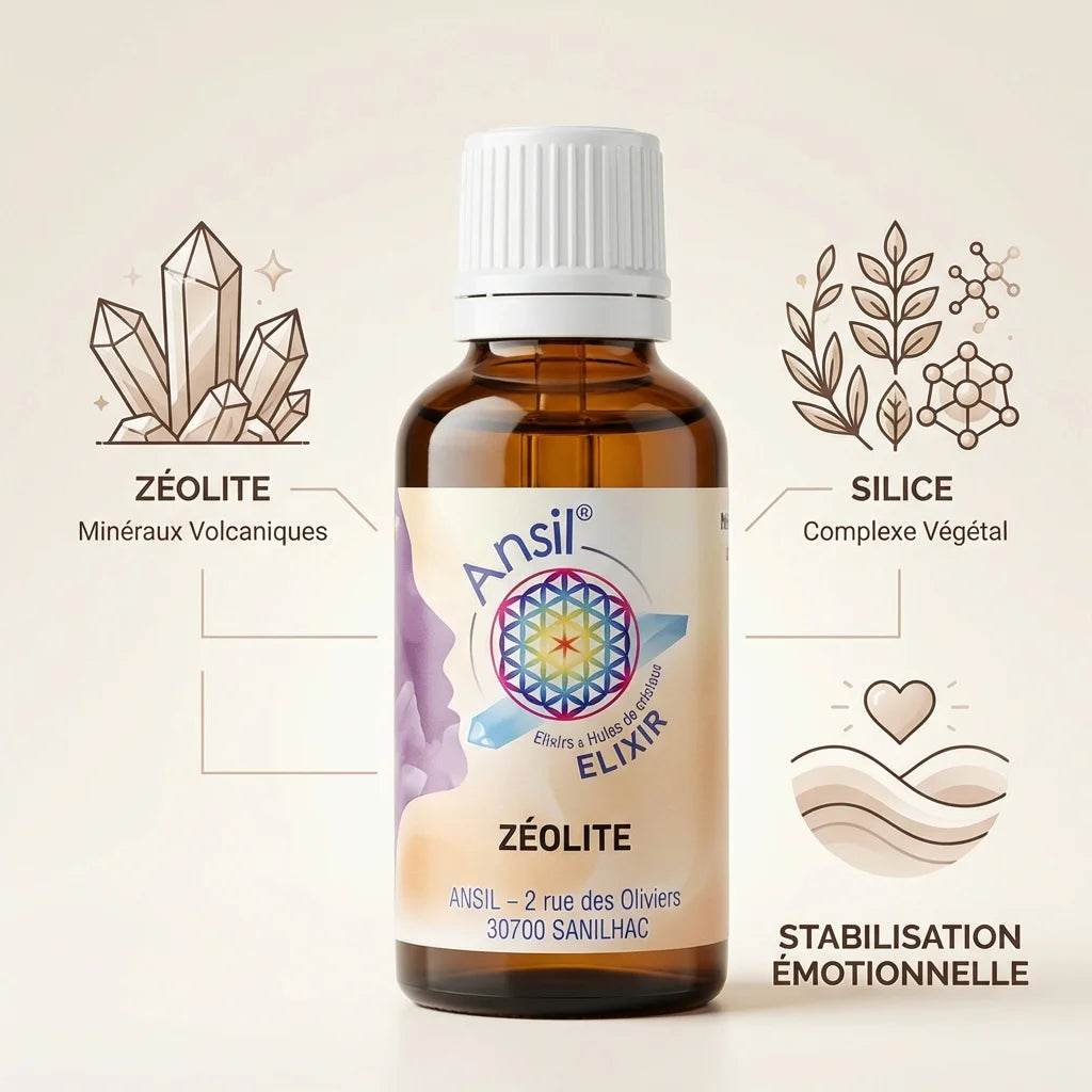 Zéolite Ansil 30ml élixir de cristal avec ingrédients naturels et bénéfices équilibre émotionnel