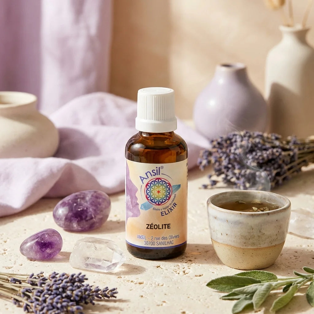 Flacon Ansil Zéolite 30ml élixir cristal entouré de cristaux naturels et herbes, ambiance bien-être