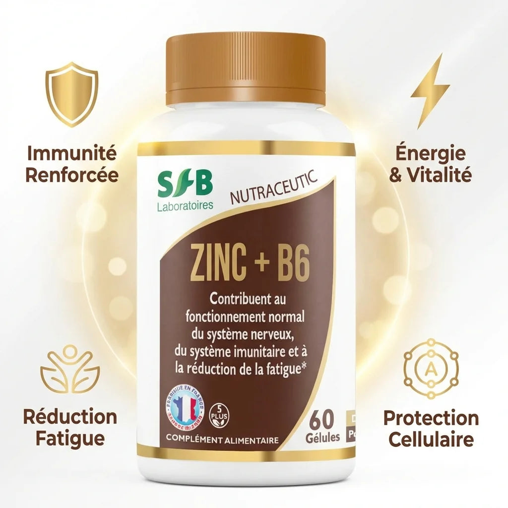 Flacon Zinc Bisglycinate + Vitamine B6 SFB Laboratoires avec infographie des bénéfices immunité, énergie et protection cellulaire