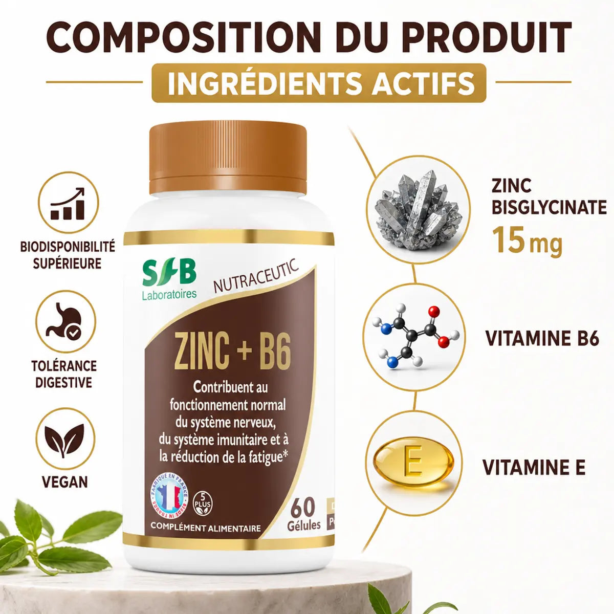 Zinc Bisglycinate + Vitamine B6 60 gélules SFB Laboratoires avec composition nutritionnelle