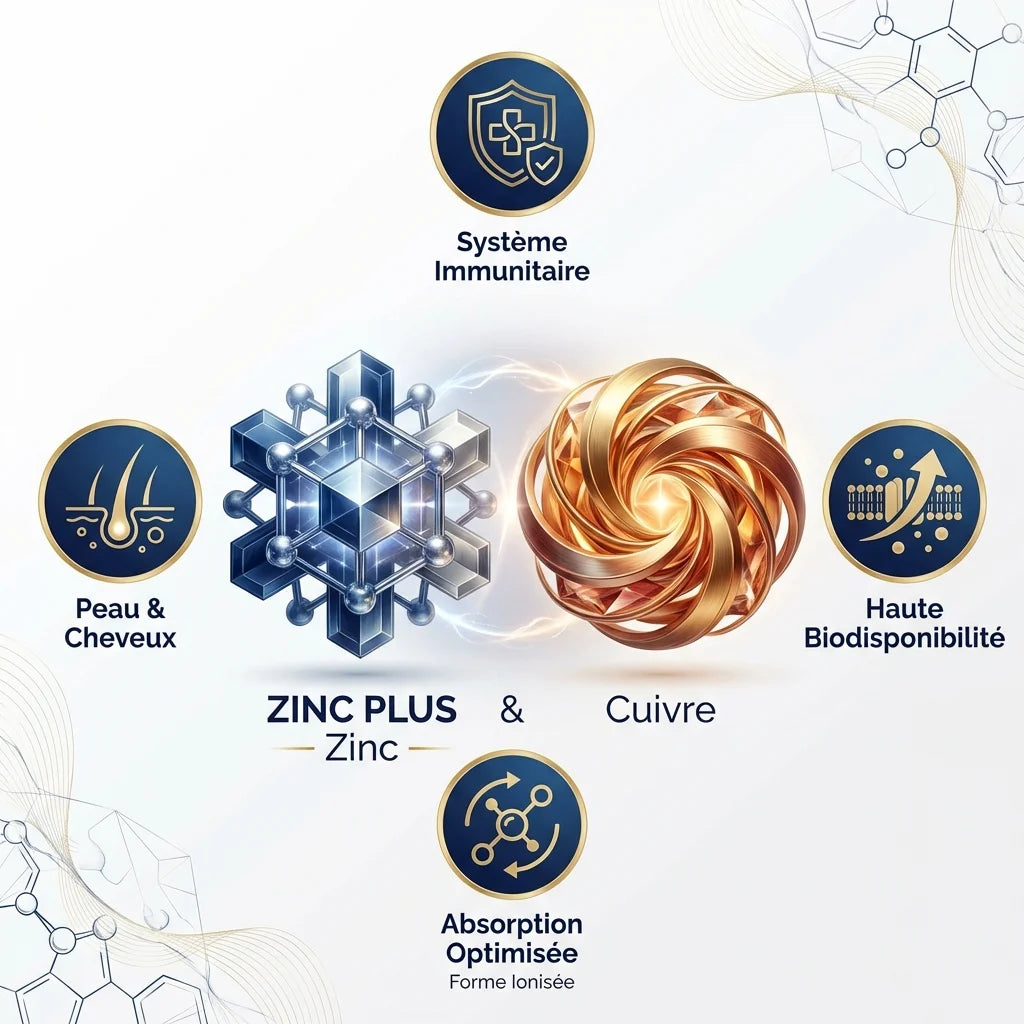 ZINC PLUS Catalyons - Zinc et Cuivre pour système immunitaire et peau - infographie des bienfaits