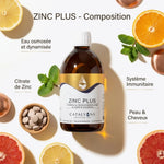 ZINC PLUS Catalyons 500ml avec citrate de zinc, ingrédients naturels et infographie de composition