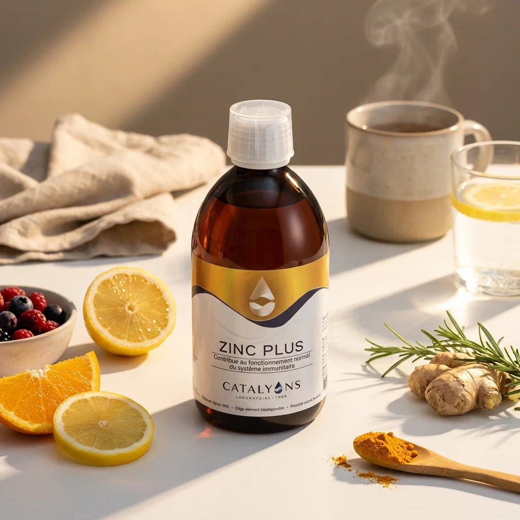 Bouteille ZINC PLUS Catalyons 500ml avec zinc et cuivre pour immunité, entourée d'ingrédients naturels