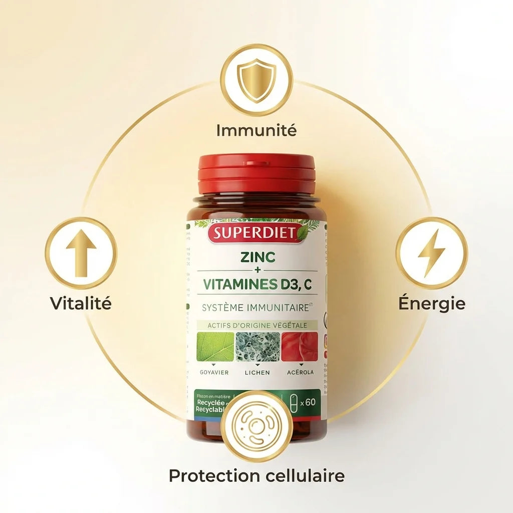 Superdiet Zinc Vitamines D3 C 60 gélules flacon bouchon rouge immunité énergie