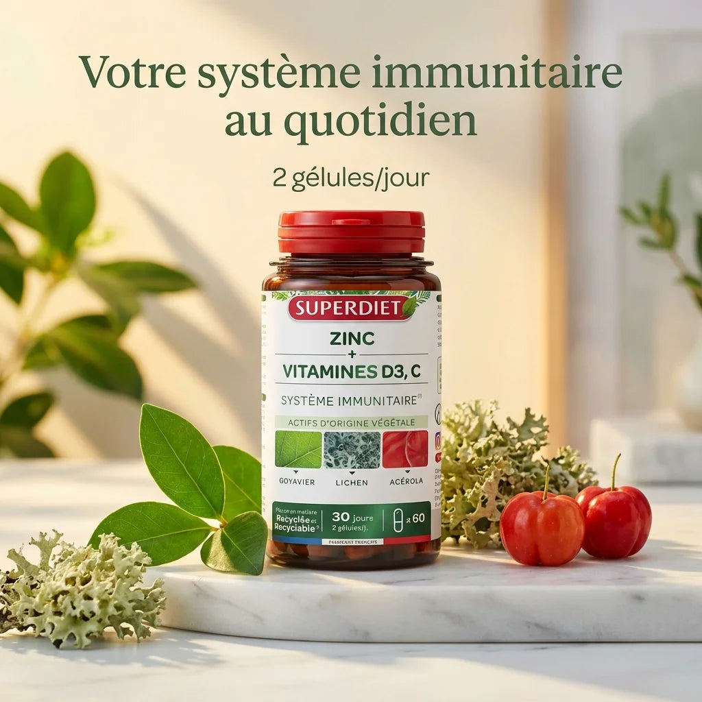Superdiet Zinc + Vitamines D3 C 60 gélules sur surface marbre avec fruits et feuilles vertes