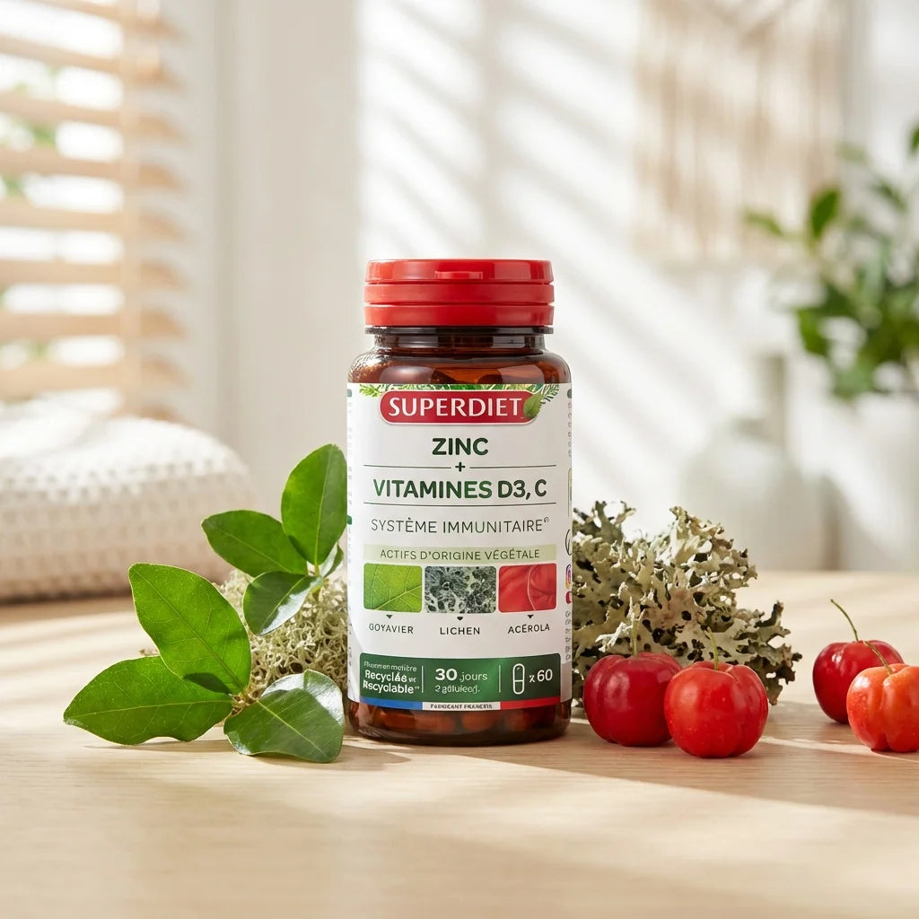 Superdiet Zinc Vitamines D3 C 60 gélules avec fruits acérola et feuilles sur surface bois
